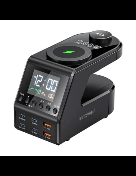 Blitzwolf BW-FW10 Budík s bezdrátovou nabíječkou 2xUSB-A 60W, 4xUSB-C 120W, pro telefon, hodinky