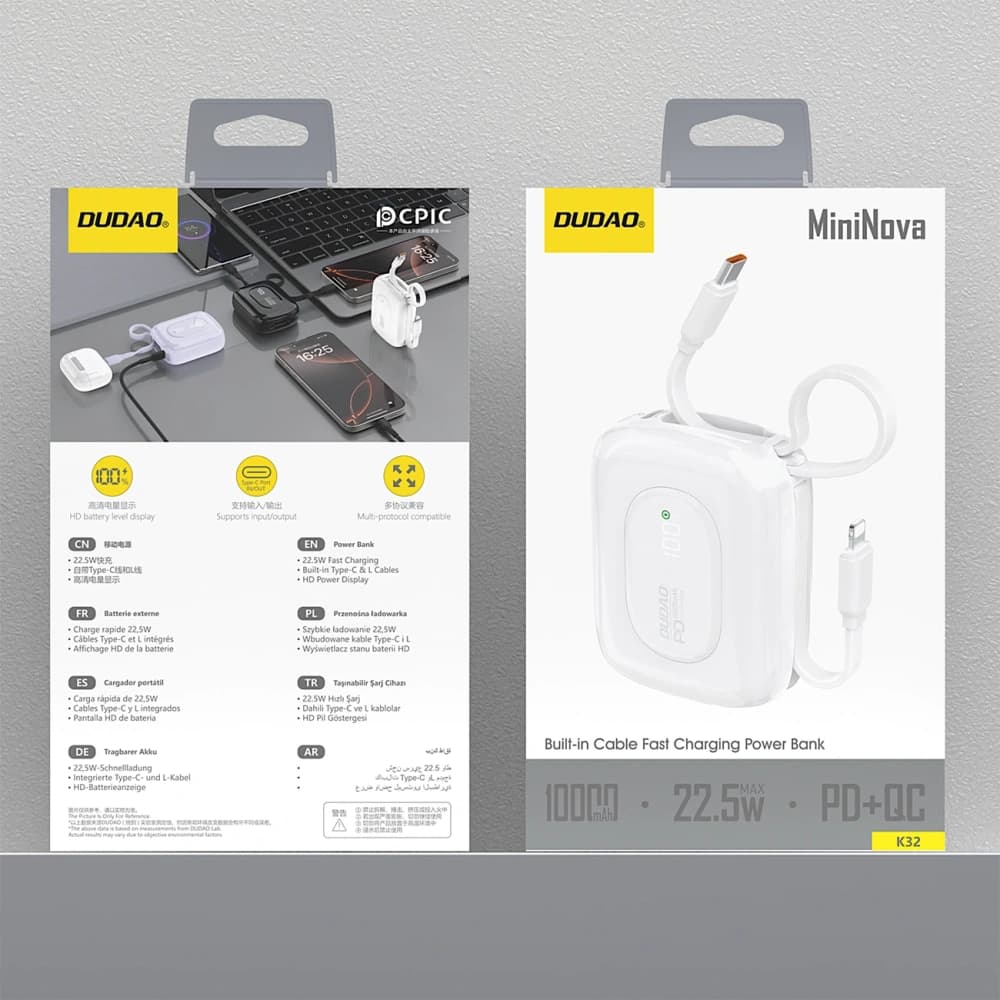 Powerbank Dudao K32 10000 mAh z wbudowanym kablem USB-C/Lightning - biały - 5