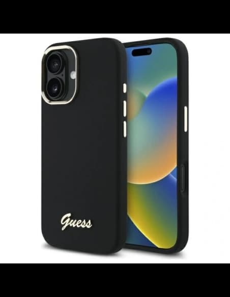 Raten Sie Apple iPhone 16 Plus Hartschale Silikon Schrift Metall-Logo & Rahmen schwarz