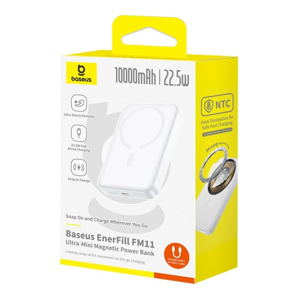 Bancă de alimentare Baseus EnerFill FM11 Ultra-Mini 10000mAh 22.5W compatibilă cu MagSafe + cablu USB-C Baseus Simple 20V 3A 30cm alb - 6
