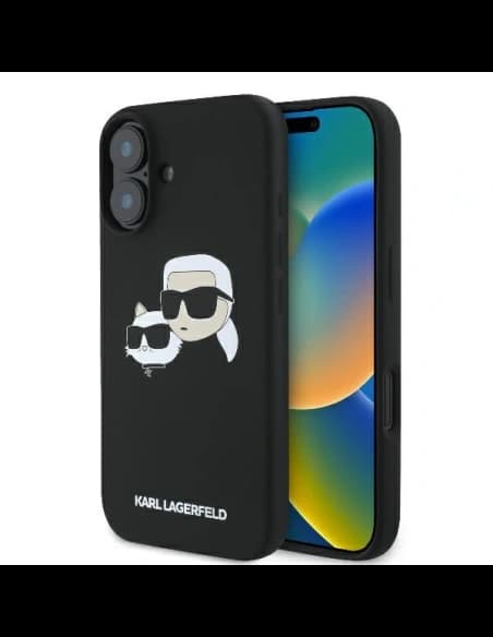 Karl Lagerfeld Apple iPhone 16 tvrdý obal silikonový s potiskem dvojitých hlav MagSafe černý