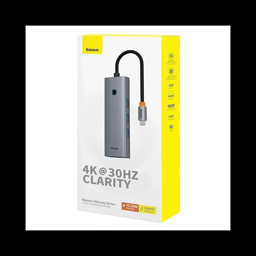 Baseus UltraJoy HUB 6v1 USB-C / HDMI4K@30Hz, 3xUSB-A 3.0 + USB-C PD + RJ45 (šedá) - 7