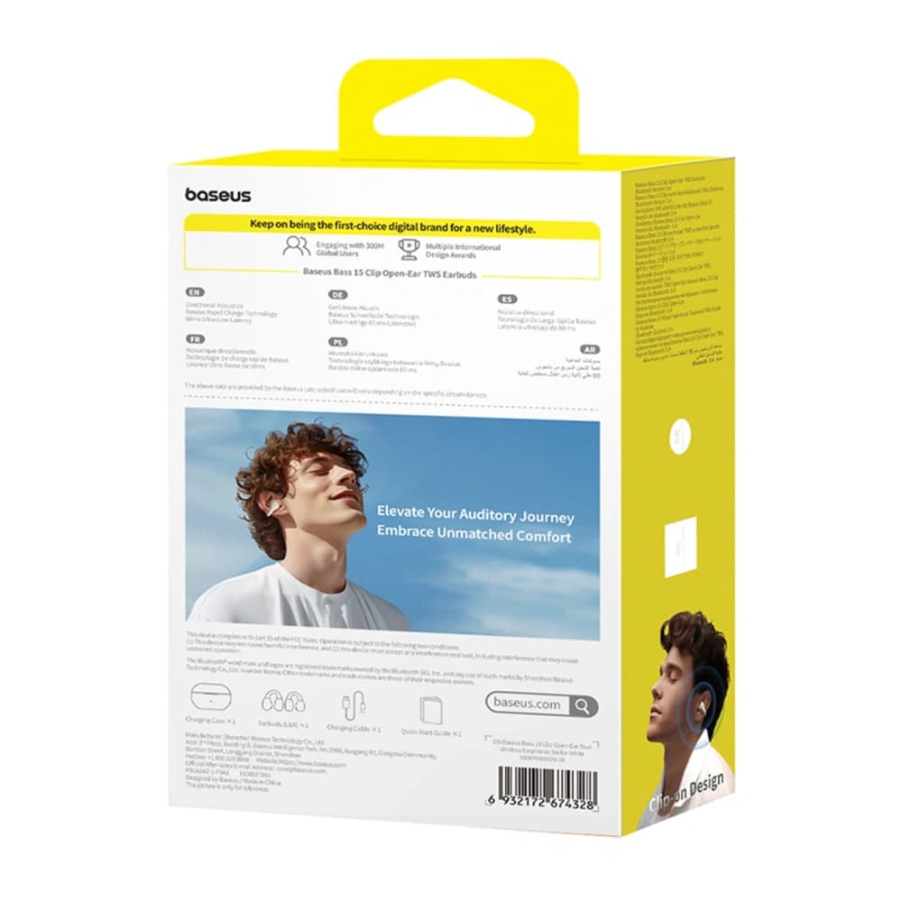 Baseus Bass 15 Clip OWS Vezeték nélküli Fülhallgató + Baseus Simple USB-C 3A 30cm Kábel Fehér - 7