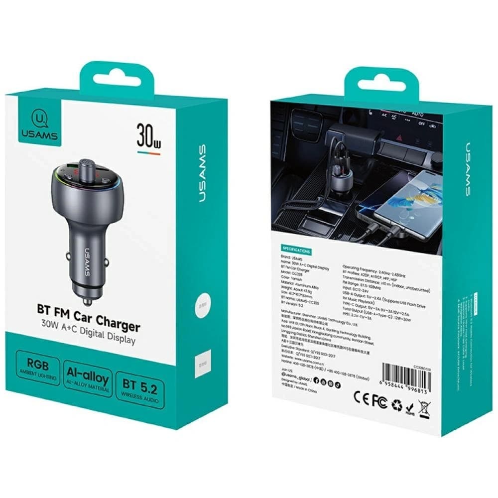 USAMS CC328 30W Autós Töltő USB-A USB-C Bluetooth FM oxidáció
 - 5