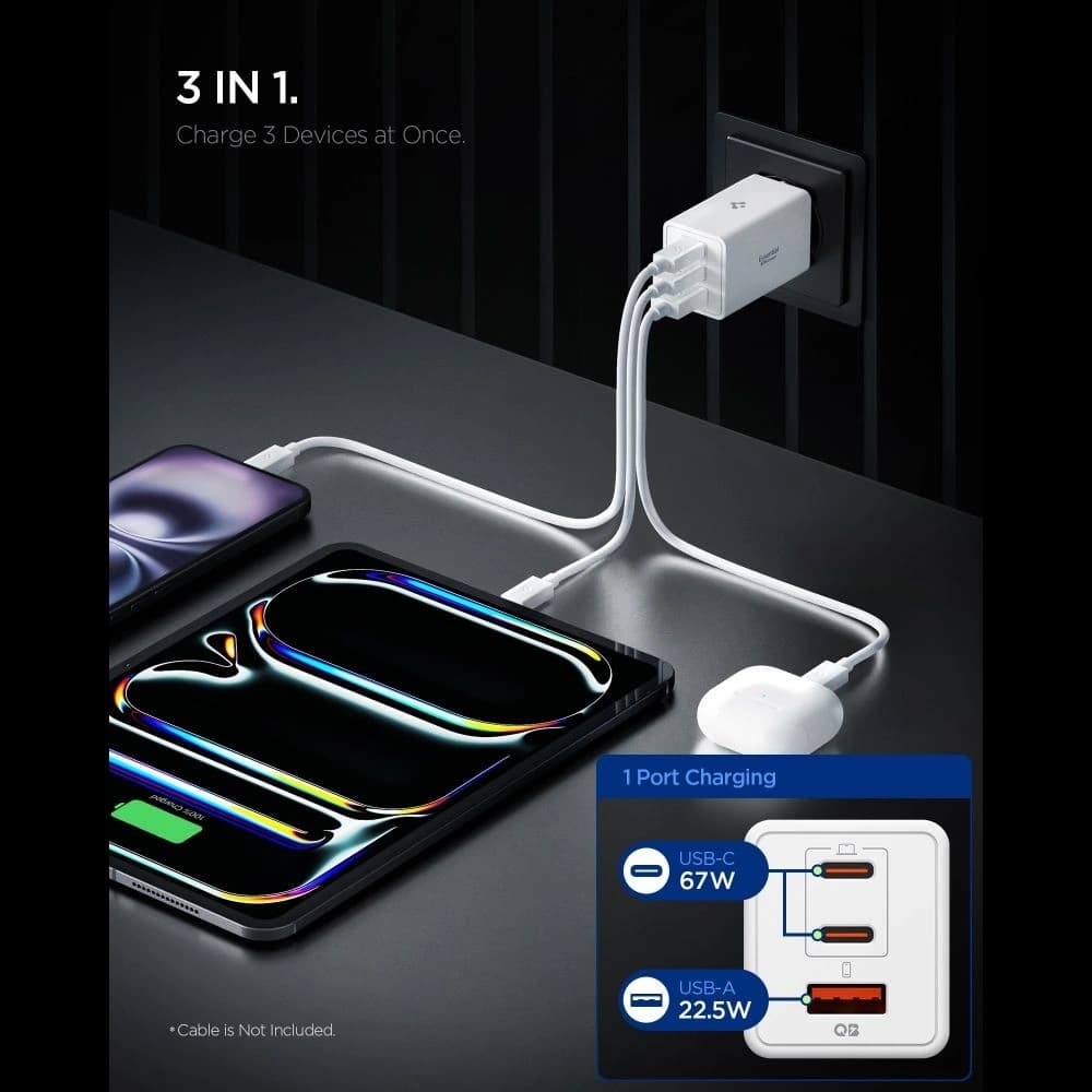 Spigen Essential EE673EU 2xUSB-C, USB-A síťová nabíječka 67W bílá - 3