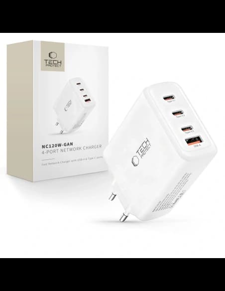 Tech-Protect NC120W-GAN 4-portový síťový nabíječ PD 120W / QC3.0 Bílé
