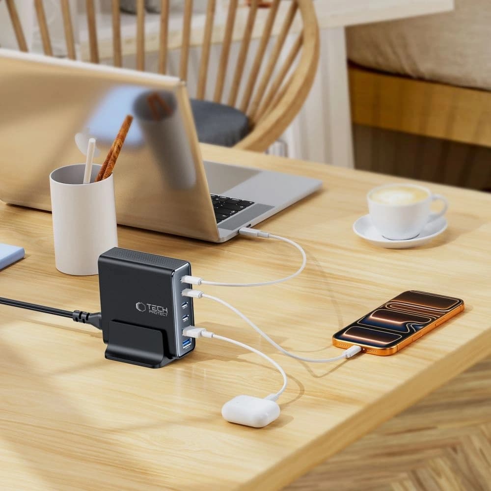 Tech-Protect DC160W-GAN 6-portos Asztali Töltő PD 160W / QC3.0 Fekete
 - 6