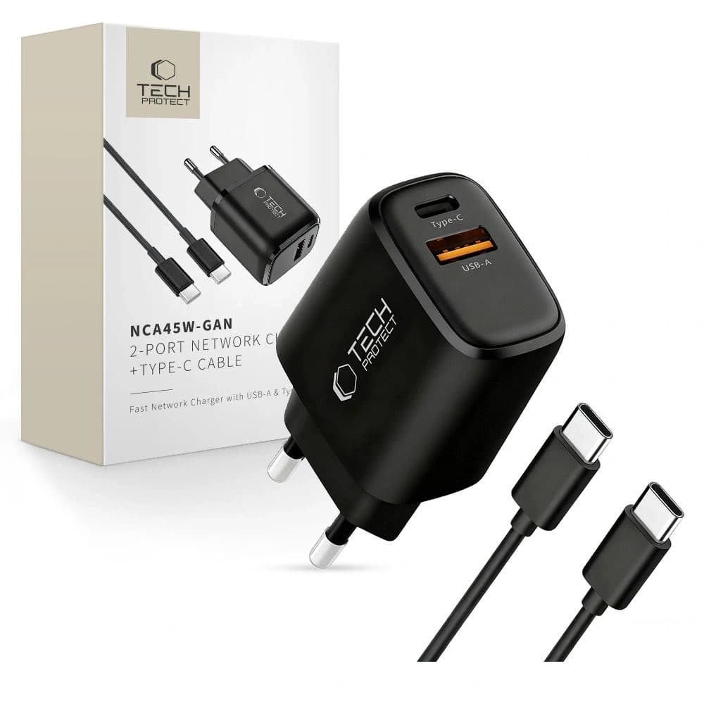 Tech-Protect NCA45W-GAN Încărcător de rețea USB-A, USB-C PD 45W / QC3.0 + Cablu USB-C Negru 
 - 1