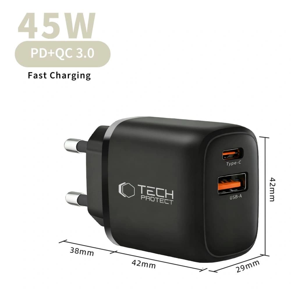 Tech-Protect NCA45W-GAN Încărcător de rețea USB-A, USB-C PD 45W / QC3.0 + Cablu USB-C Negru 
 - 9