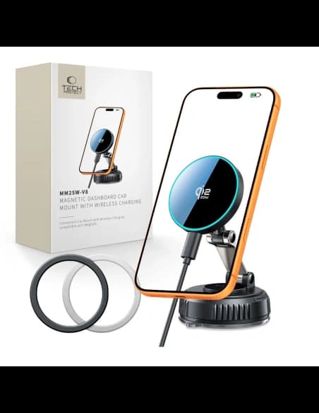 Uchwyt z ładowarką bezprzewodową Tech-Protect MM25W-V8 Qi2.2 Magnetic MagSafe Windshield & Dashboard Car Mount Wireless Charger 25W Black