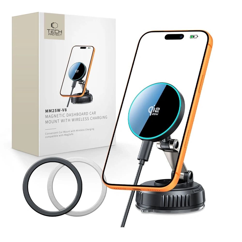 Uchwyt z ładowarką bezprzewodową Tech-Protect MM25W-V8 Qi2.2 Magnetic MagSafe Windshield & Dashboard Car Mount Wireless Charger 25W Black - 1