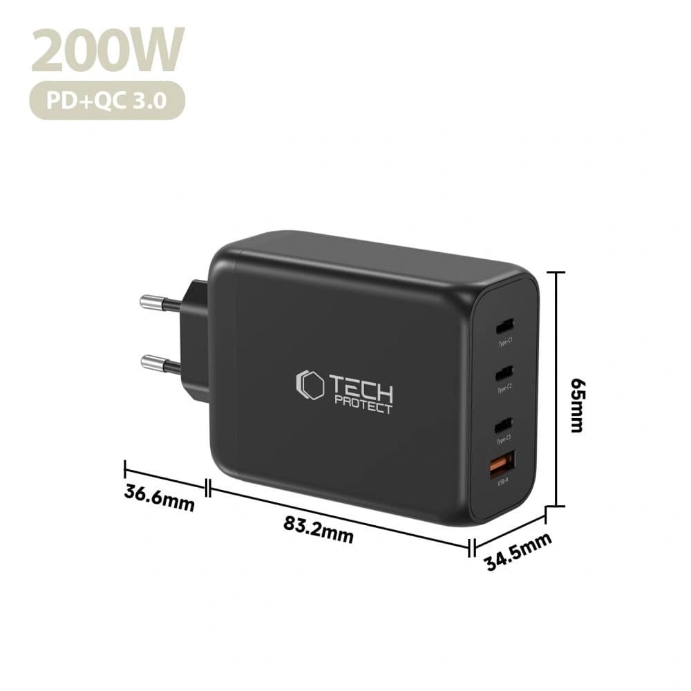 Tech-Protect NC200W-GAN 4-portový síťový nabíječ PD 200W / QC3.0 černý
 - 5