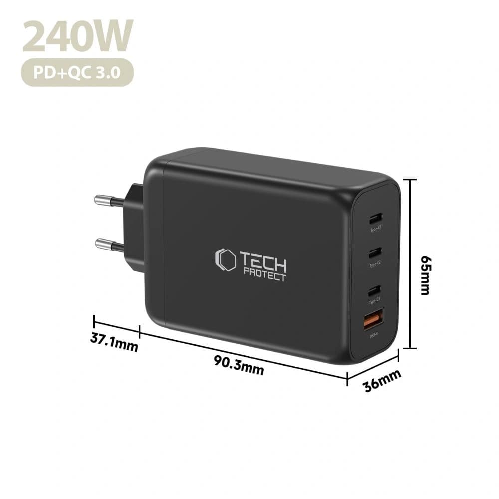 Tech-Protect NC240W-GAN 4-portos Hálózati Töltő PD 240W / QC3.0 Fekete
 - 5