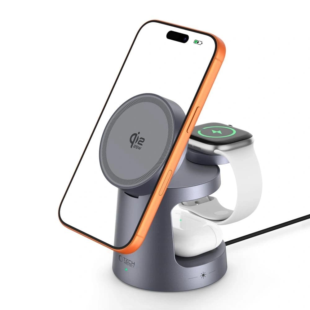 Tech-Protect QI2.2-25W-A48 3in1 Mágneses MagSafe Vezeték nélküli Töltő Sötétszürke
 - 2