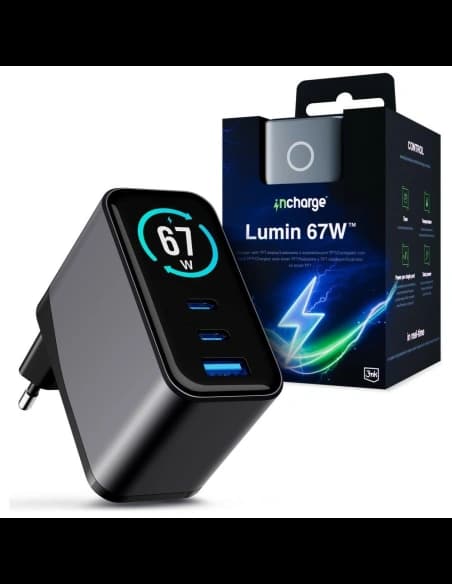 Ładowarka sieciowa 3MK InCharge Lumin PD 67W QC4+ PPS AFC FCP SCP USB-A 2xUSB-C TFT z wyświetlaczem czarny