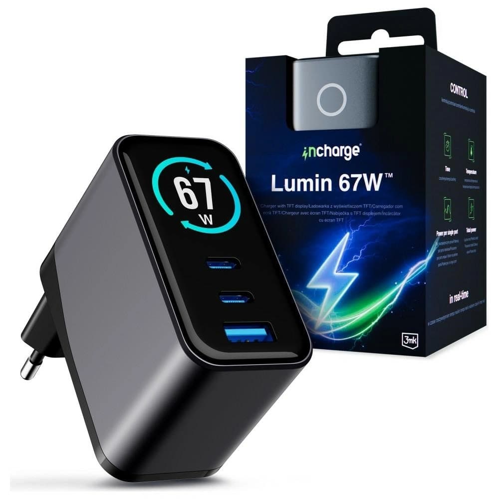 3MK InCharge Lumin PD 67W QC4+ PPS AFC FCP SCP USB-A 2xUSB-C TFT cu display negru
 - 1