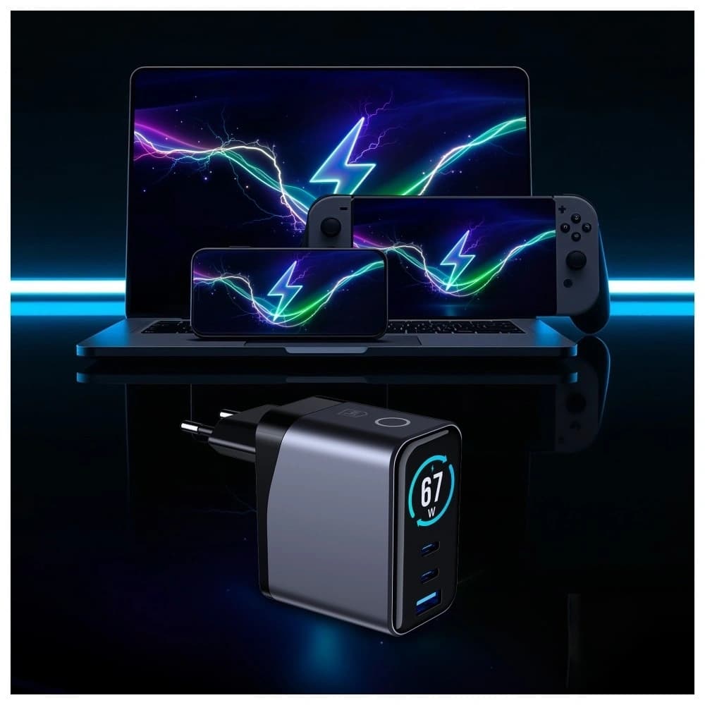 3MK InCharge Lumin PD 67W QC4+ PPS AFC FCP SCP USB-A 2xUSB-C TFT cu display negru
 - 7