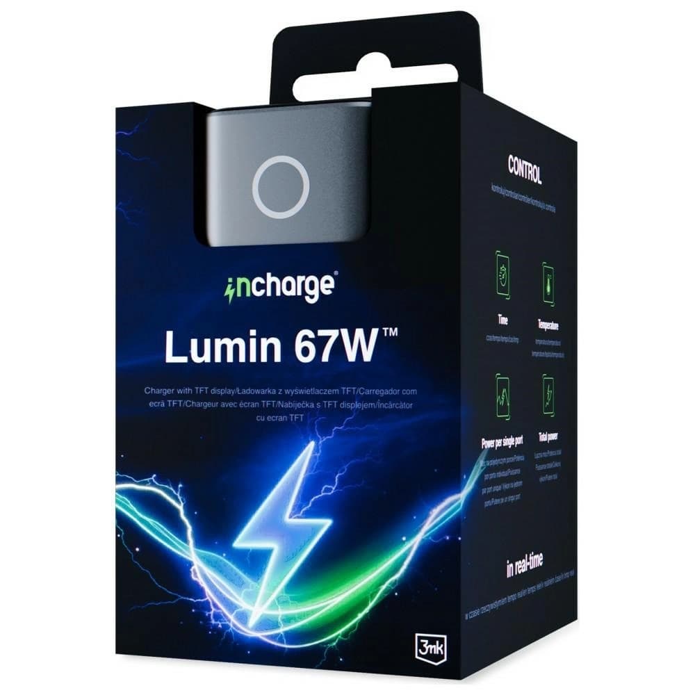 3MK InCharge Lumin PD 67W QC4+ PPS AFC FCP SCP USB-A 2xUSB-C TFT cu display negru
 - 9