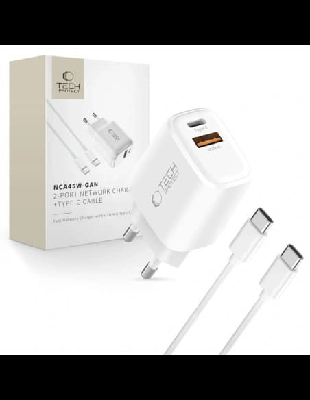 Ładowarka sieciowa Tech-Protect NCA45W-GAN USB-A, USB-C Network Charger PD 45W / QC3.0 + USB-C Cable White