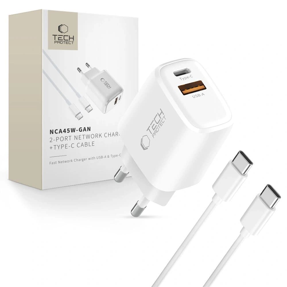 Încărcător de rețea Tech-Protect NCA45W-GAN USB-A, USB-C Încărcător de rețea PD 45W / QC3.0 + Cablu USB-C Alb - 1