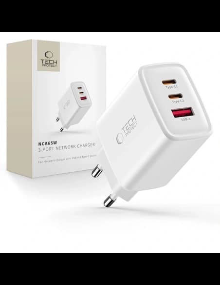 Ładowarka sieciowa Tech-Protect NCA65W-GAN USB-A, 2xUSB-C Network Charger PD 65W / QC3.0 White