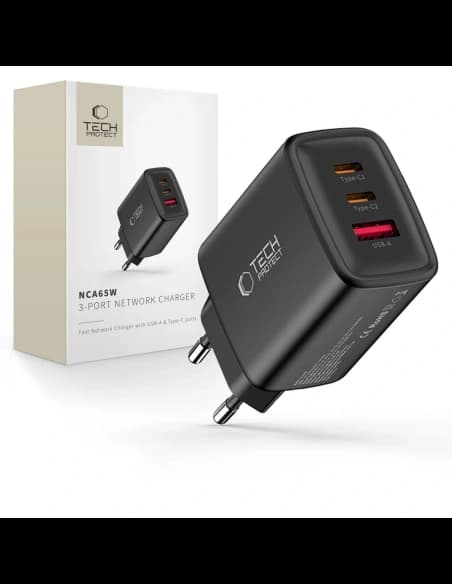 Ładowarka sieciowa Tech-Protect NCA65W-GAN USB-A, 2xUSB-C Network Charger PD 65W / QC3.0 Black