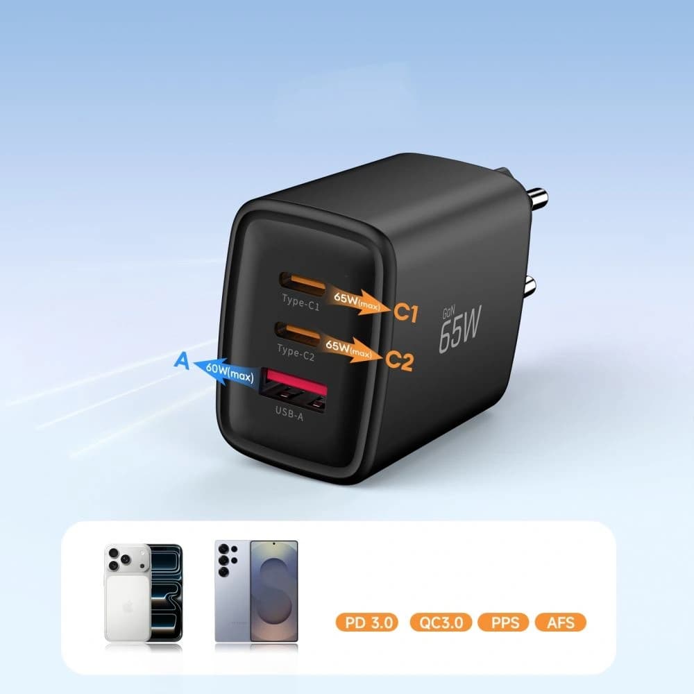 Ładowarka sieciowa Tech-Protect NCA65W-GAN USB-A, 2xUSB-C Network Charger PD 65W / QC3.0 Black - 7