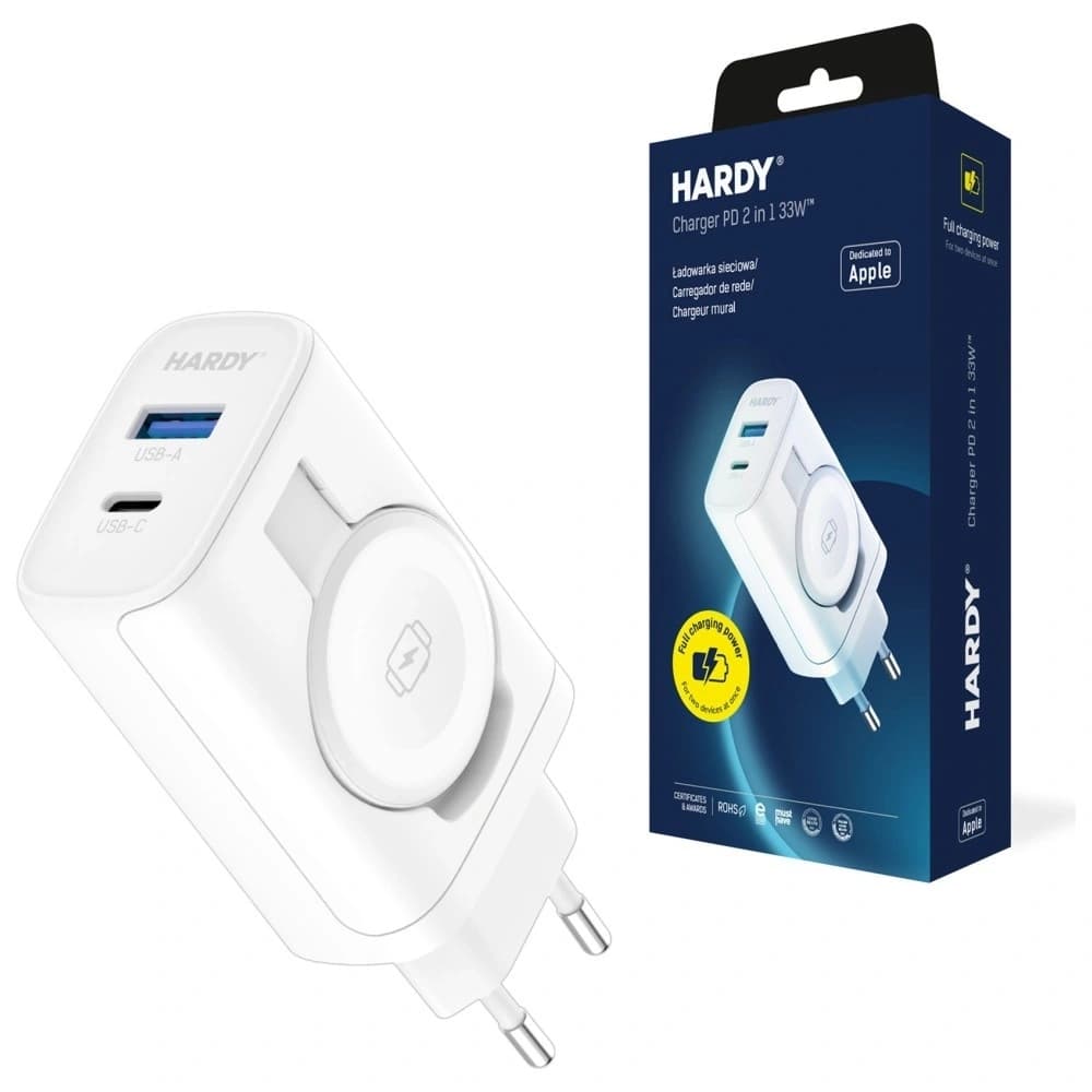 Ładowarka sieciowa 3MK HARDY PD 33W 2w1 USB-A / USB-C + indukcja do Apple Watch biały - 1