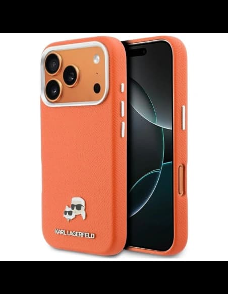 Karl Lagerfeld Karl & Choupette Head Pins Saffiano MagSafe Apple iPhone 17 Pro Max orange