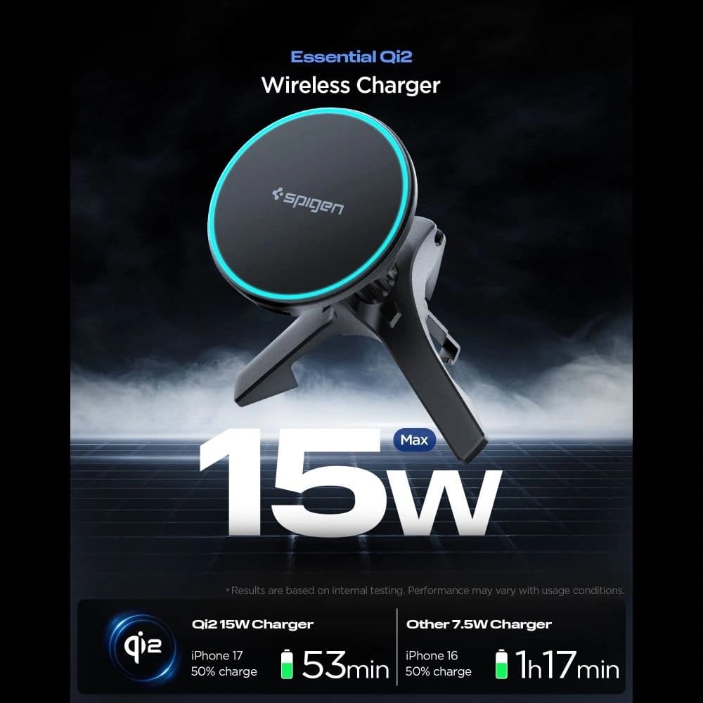 Uchwyt samochodowy do kratki z ładowarką Spigen EV15MAQ Essential Magnetic MagSafe Vent Car Mount Wireless Charger 15W QI2 Black - 2