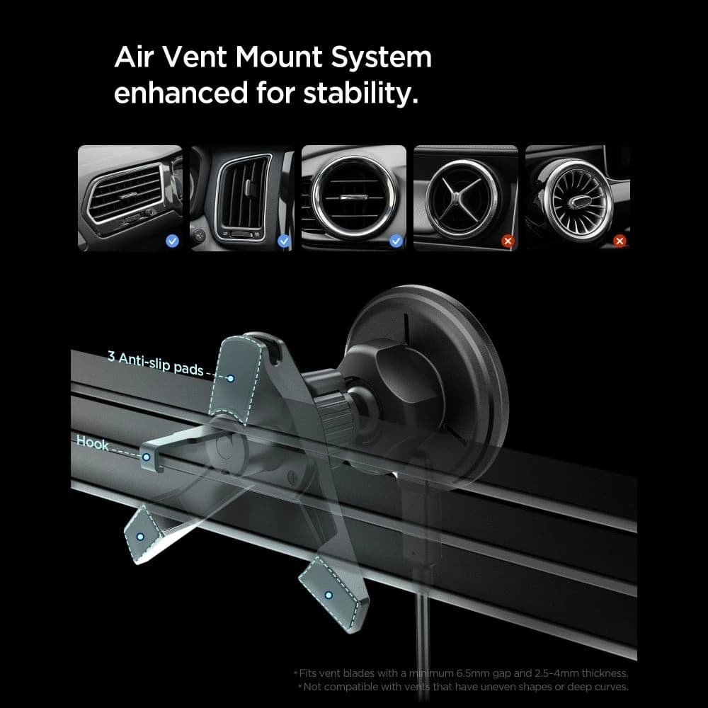 Uchwyt samochodowy do kratki z ładowarką Spigen EV15MAQ Essential Magnetic MagSafe Vent Car Mount Wireless Charger 15W QI2 Black - 4