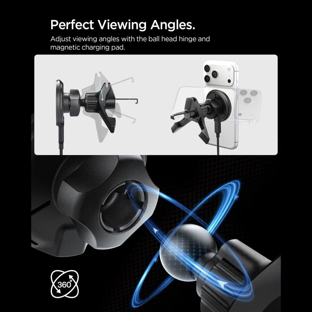 Uchwyt samochodowy do kratki z ładowarką Spigen EV15MAQ Essential Magnetic MagSafe Vent Car Mount Wireless Charger 15W QI2 Black - 5