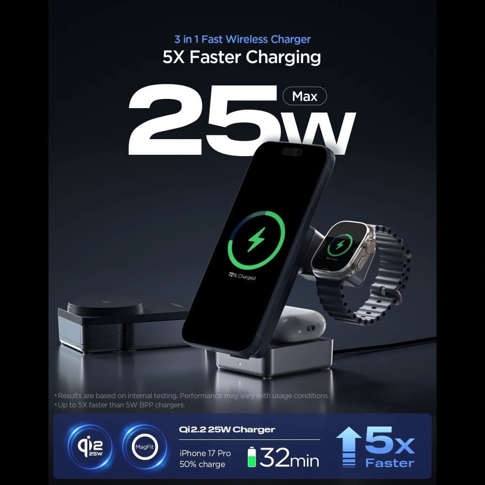 Ładowarka bezprzewodowa Spigen EF323MQ Essential 3in1 Magnetic MagSafe Wireless Charger 25W Qi2.2 Black - 7