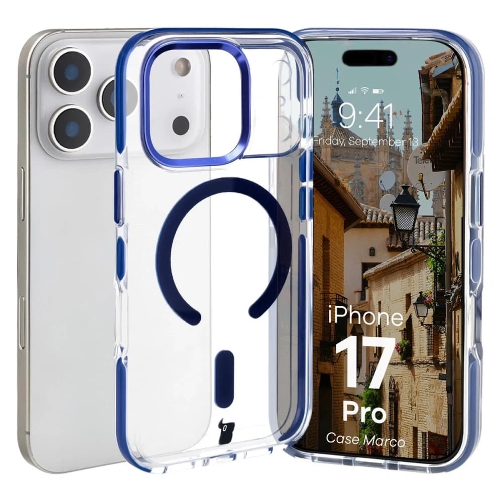 Bizon Case Marco Magnetic Apple iPhone 17 Pro transparent cu un cadru albastru - 1