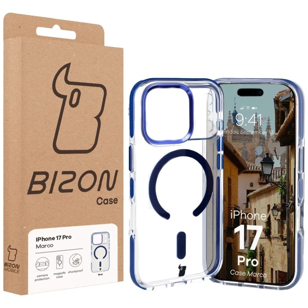 Bizon Case Marco Magnetic Apple iPhone 17 Pro transparent cu un cadru albastru - 10