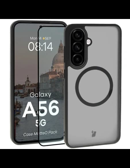 Etui z pierścieniem magnetycznym + szkło hartowane Bizon MatteO Pack do Samsung Galaxy A56 5G przydymione-czarne