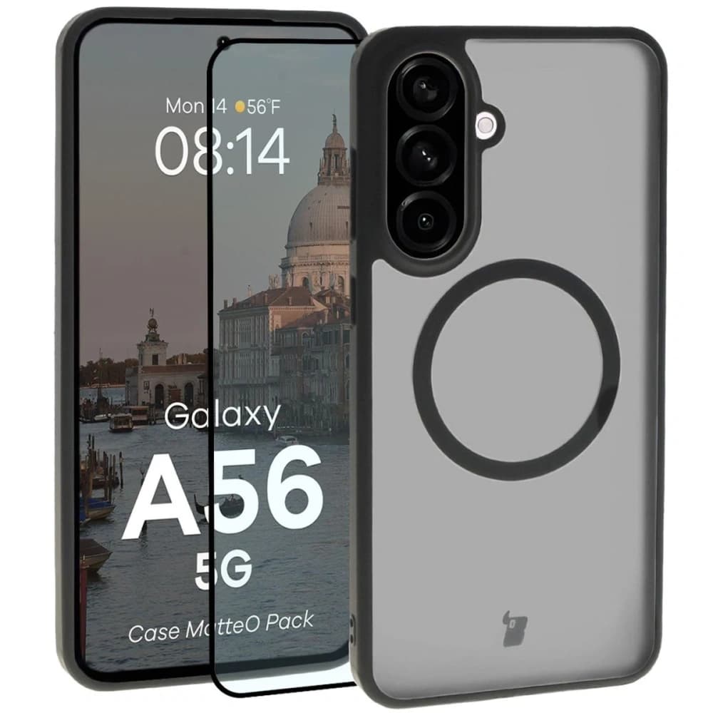 Etui z pierścieniem magnetycznym + szkło hartowane Bizon MatteO Pack do Samsung Galaxy A56 5G przydymione-czarne - 1