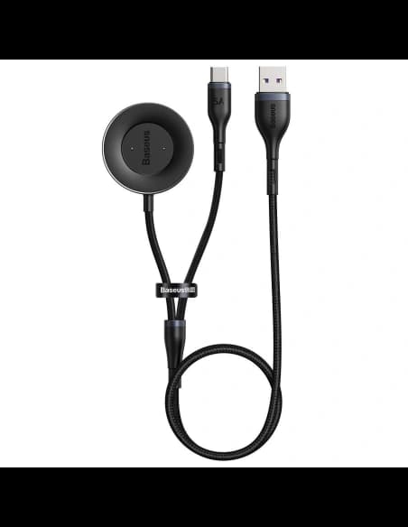 Kabel USB 2w1 Baseus Cafule, USB-C 40W + ładowarka bezprzewodowa do smartwatchy Huawei/Honor, 5A, 1,2m (szaro-czarny)
