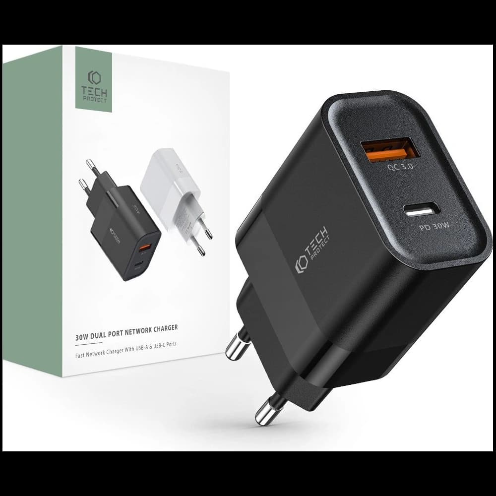 Tech-Protect C30W 2-port Network Charger PD 30W QC 3.0 Black