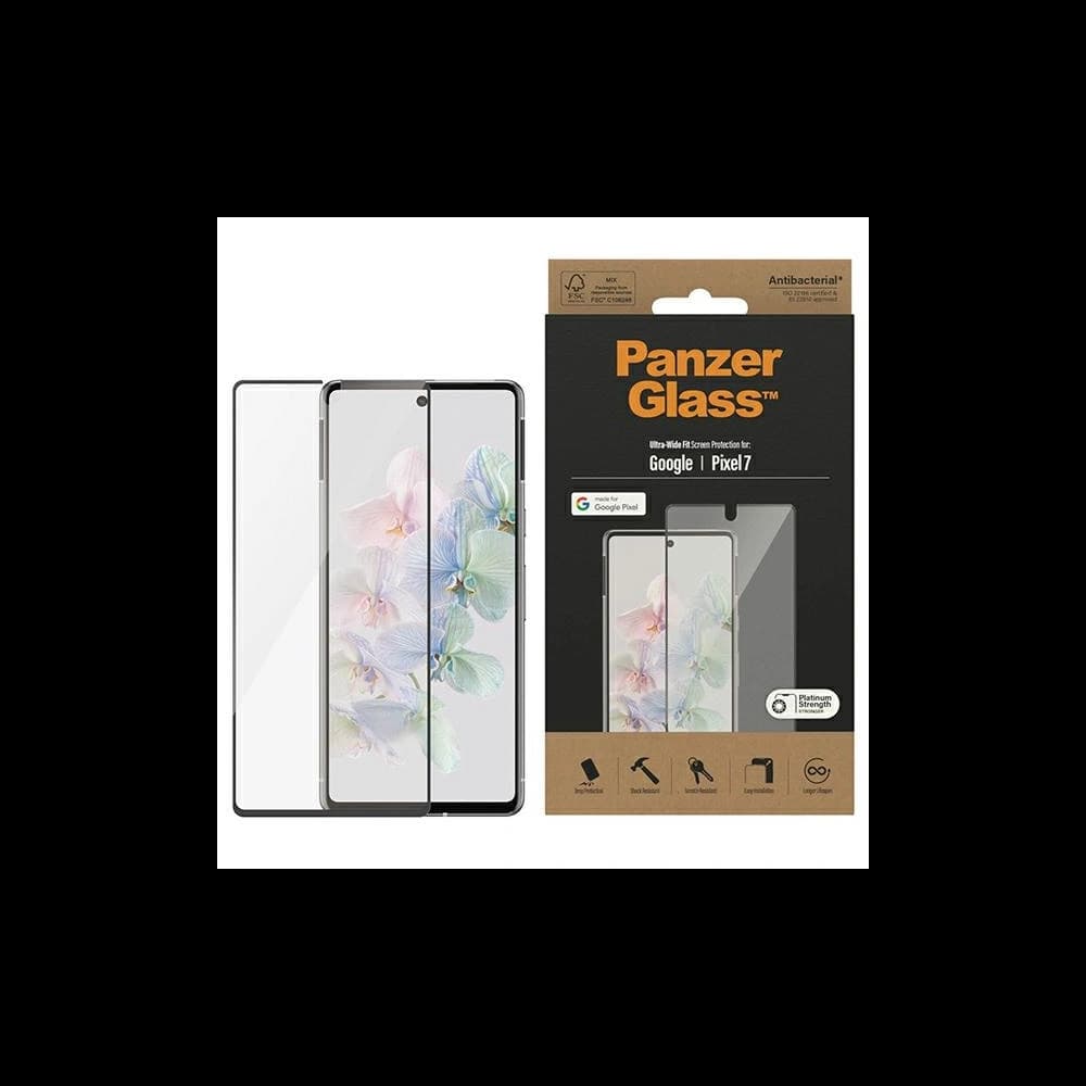 PanzerGlass Gehärtetes Glas Ultra-Wide Fit Google Pixel 7 Bildschirm Schutz Antibakteriell schwarz/schwarz 4772