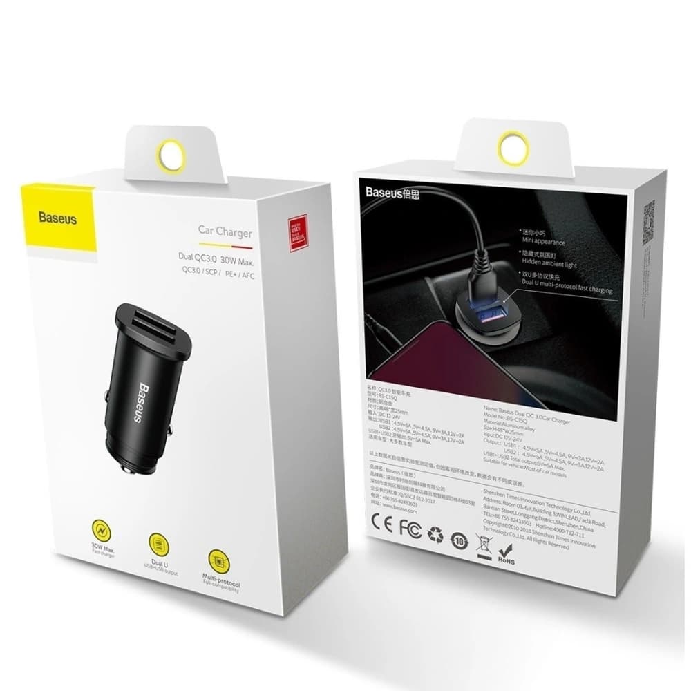 Car Charger Baseus Square 2xUSB QC3.0 5A 30W Black - 4