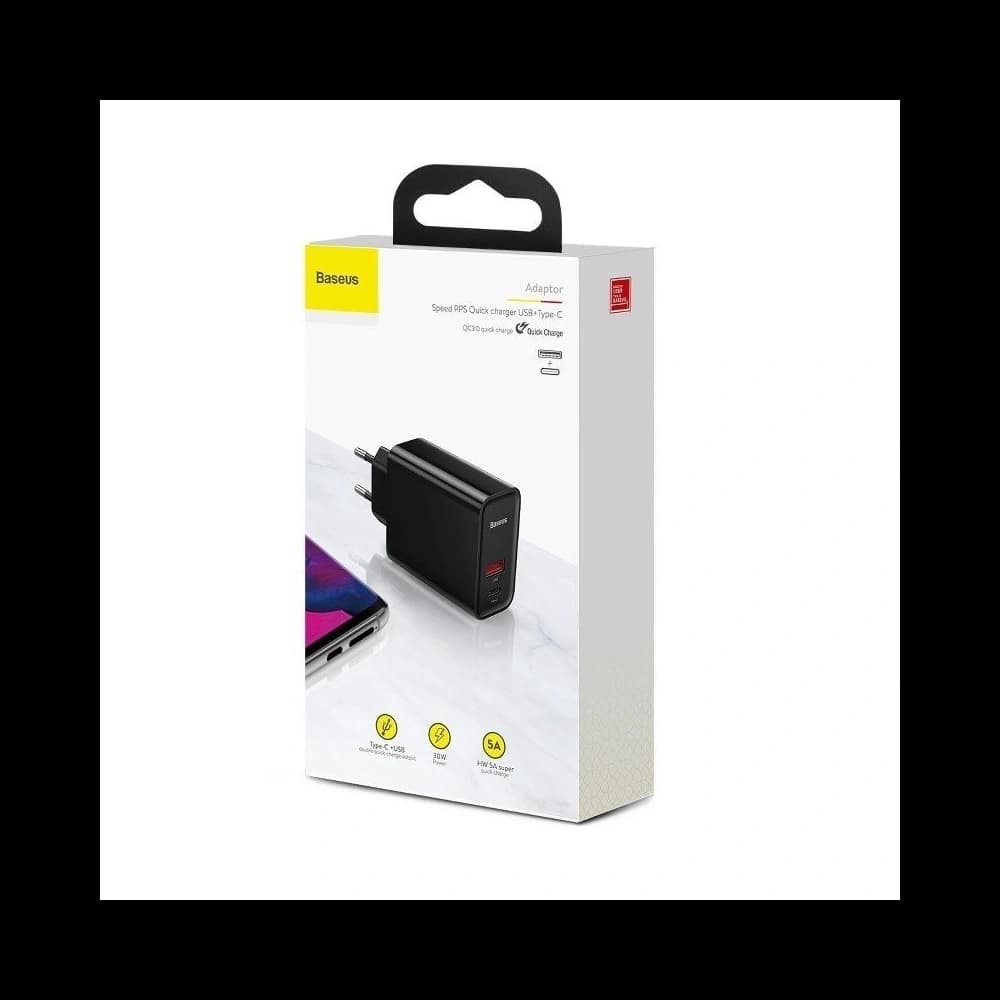 Rychlá síťová nabíječka Baseus PD + QC 3.0 30W (černá) - 6