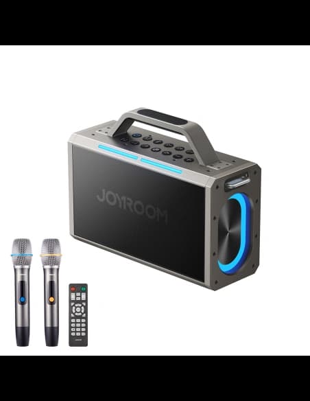 Vezeték nélküli karaoke hangszóró Joyroom Pies Series JR-MW03 Bluetooth 5.3 2 mikrofonnal és távirányítóval fekete színben
