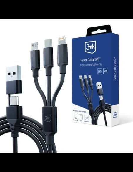 Kábel 3MK Hyper 3w1 USB-A - USB-C / USB-C, microUSB, Lightning 1.5m Fekete/Black