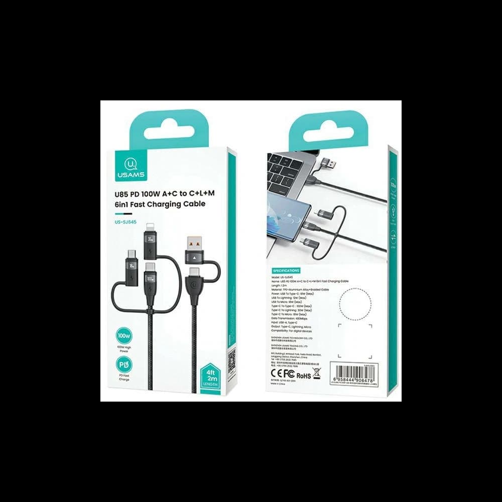 USAMS US-SJ646 U85 USB-A+USB-C/USB-C, Lightning, microUSB 6w1 2m 100W PD Gyors Töltő kábel fekete/black - 7
