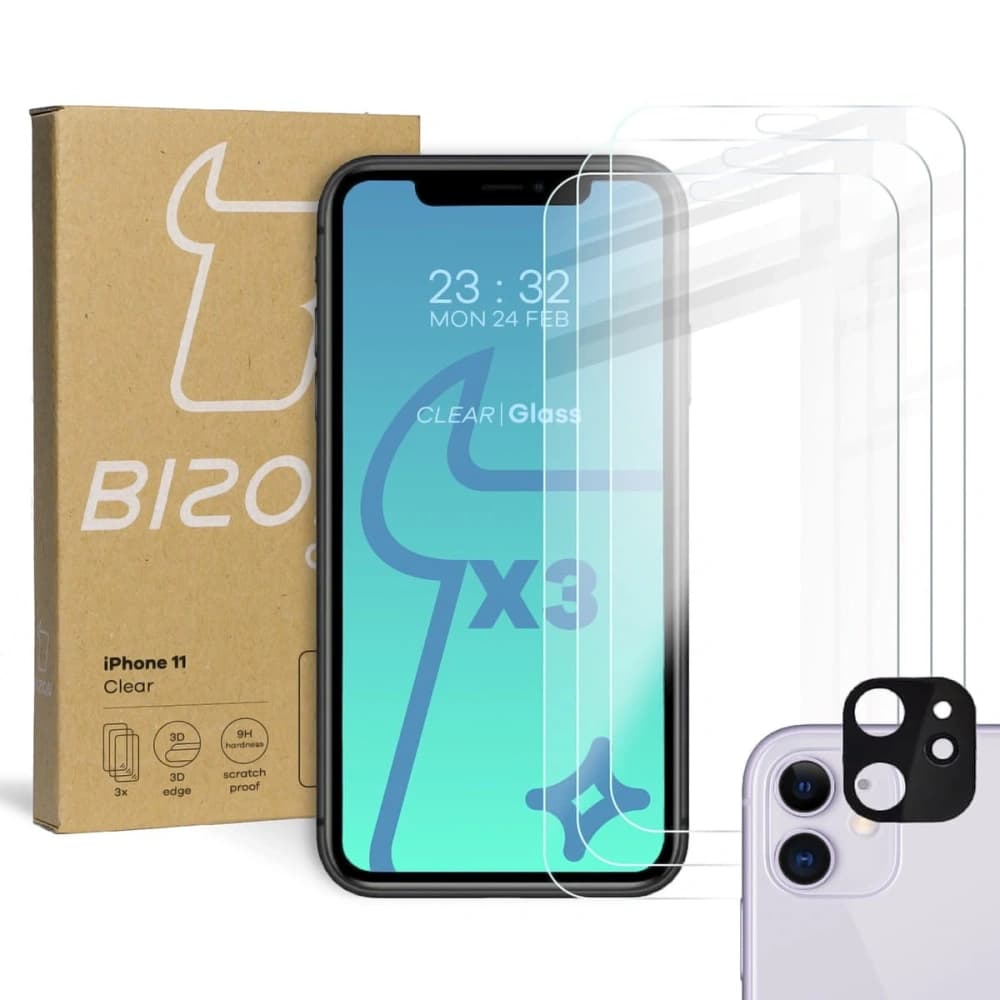 Bizon Glass Sticlă clară din sticlă temperată - 3 buc. + sticlă lentilă Apple iPhone 11