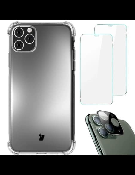 Bizon Case Clear Pack carcasă + 2x sticlă de protecție + sticlă pentru lentilă Apple iPhone 11 Pro Max transparentă
