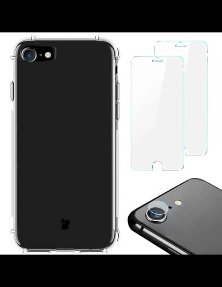 Bizon Case Clear Pack tok + 2x kijelző üveg + lencse üveg Apple iPhone SE 2022/2020 8/7 átlátszó