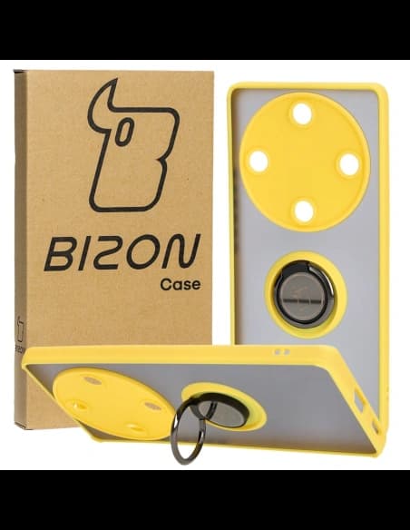 Etui s úchopem na prst Bizon Case Hybrid Ring pro Honor Magic5 Lite kouřové s žlutým rámečkem