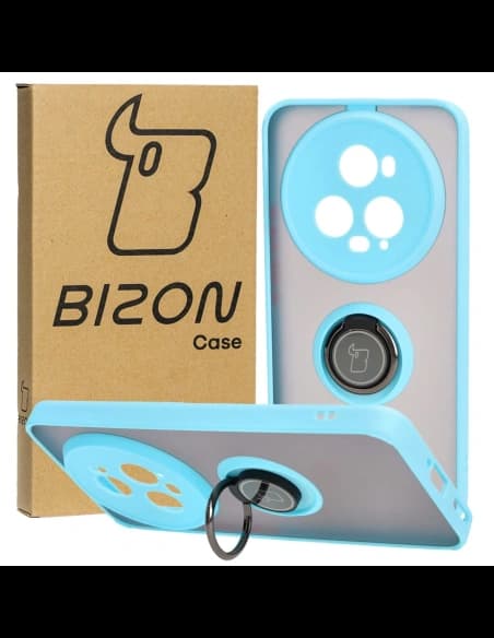 Etui s úchytem na prst Bizon Case Hybrid Ring pro Honor Magic5 Pro kouřové s světle modrým rámečkem.
